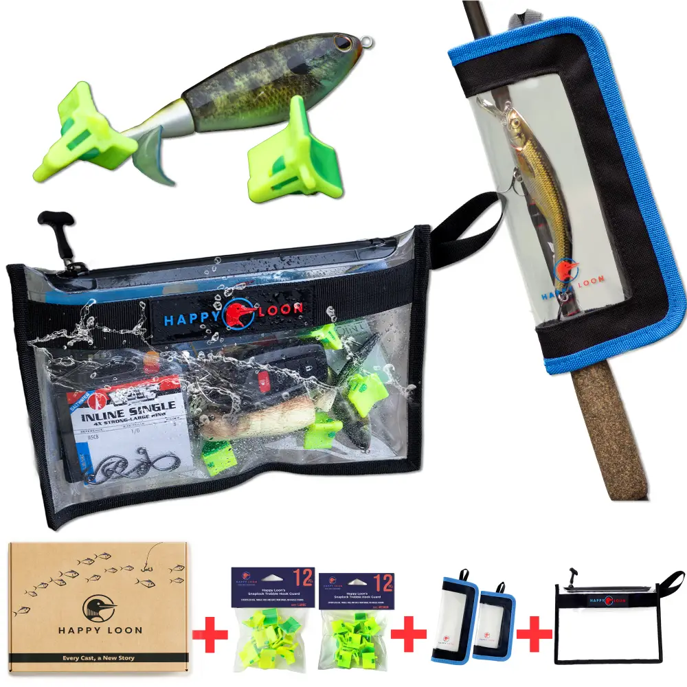 Happy Loon Ultimate safety and protection kit, there is gift box with true to size hook guide and one waterproof fishing bag, two lure covers with two sizes and two dozen of hook cover in green color