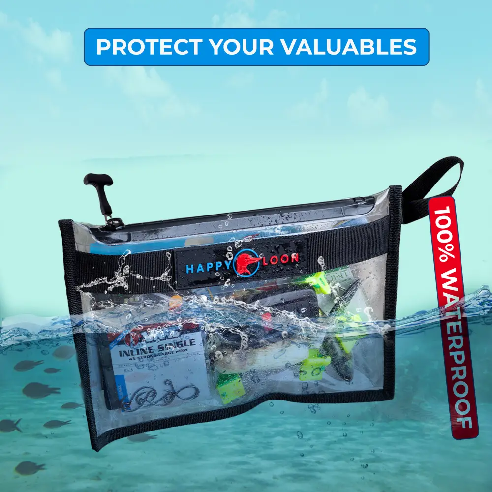 A premium quality waterproof and airproof see-through tackle bag with handle inside water flaoting and has many fishing stuff, wallet and car keys, protected. And there is a Logo of loon ad the word Happy Loon and big Waterproof word