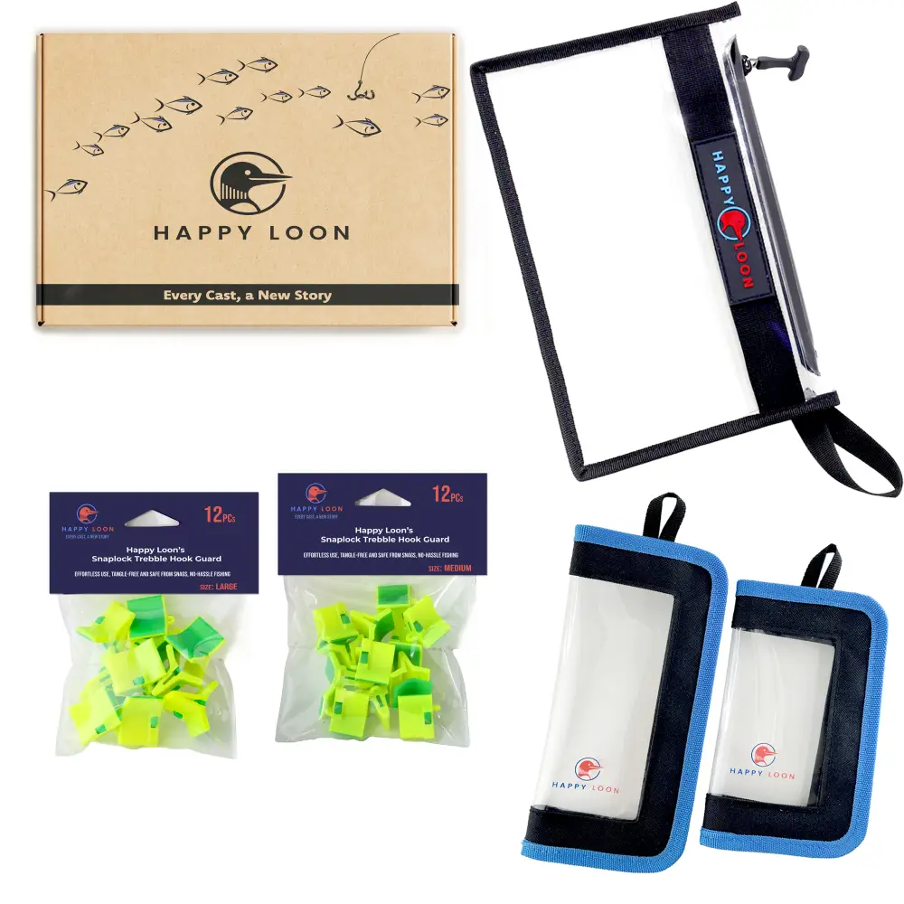 Happy Loon Ultimate safety and protection kit, there is premium gift box with fishing graph and nice happy loon logo on top, with a big 'Every Cast, a New Story' moto, with e waterproof fishing bag, two lure covers with two sizes and two dozen of hook cover in green color