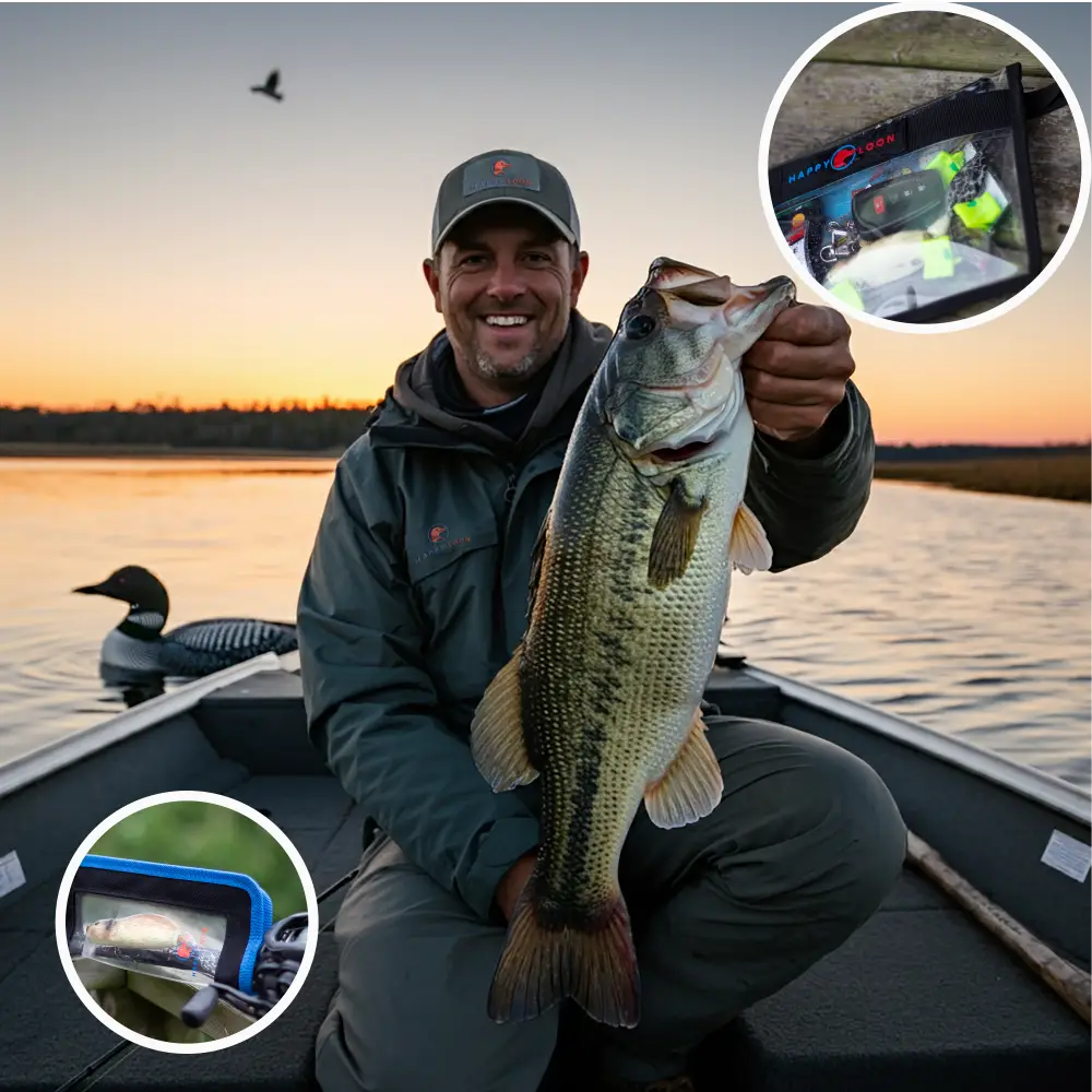 Happy man fishing and  holding large, large mouth Bass in a boat, There is a loon in in the lake. With Happy Loon fishing Logo, and there is a small pictures of Happy Loon Waterproof bag and Lure cover. 