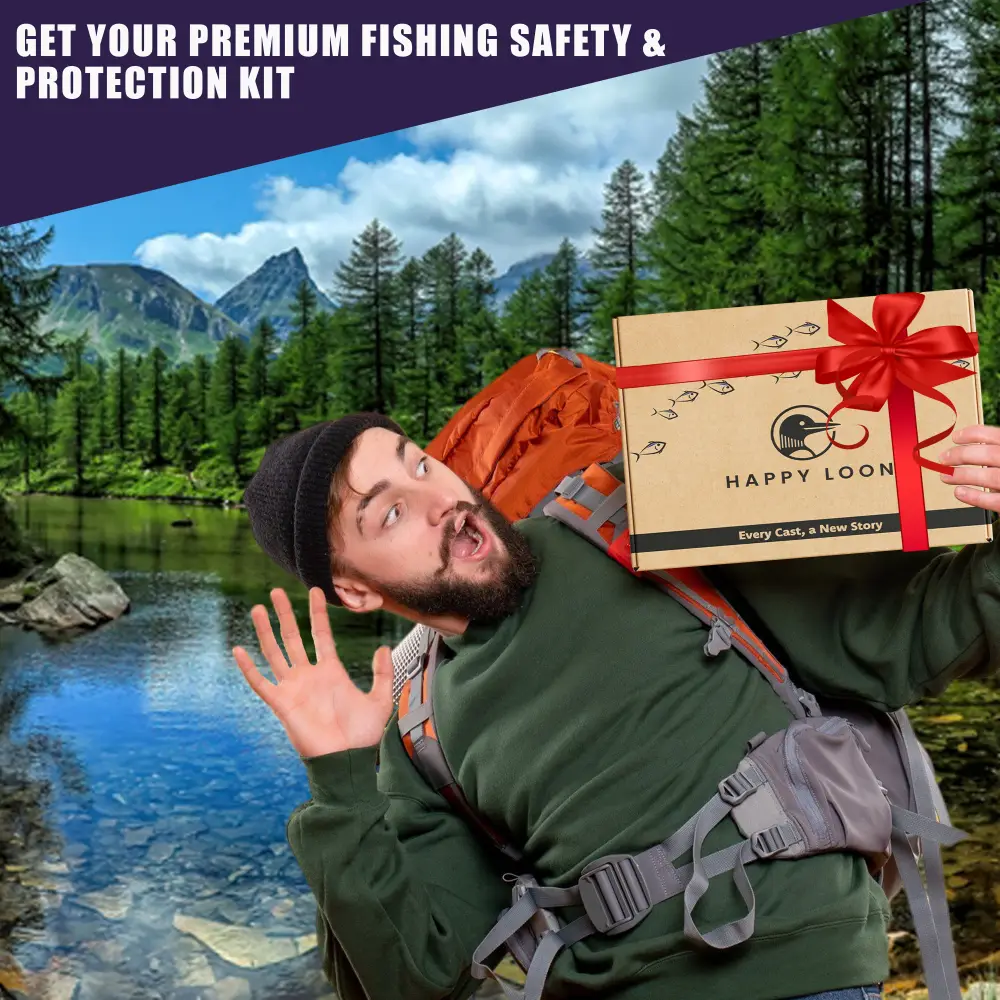 A happy and surprised man wearing backcountry camping gears and holding gift box wraped with nice fishing graphic with Happy Loon on top and and a cute loon logo, stadning sideways infront and nice sceanary of river, lake and forest and there mountain at the back